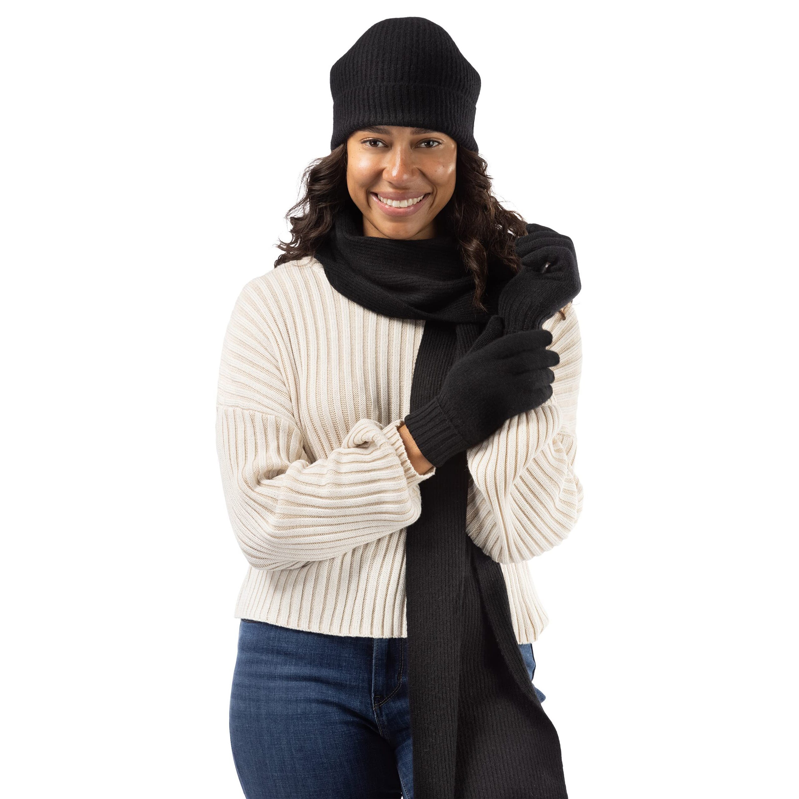 Women's 3pc Cashmere Ribbed Hat Gloves Scarf Set | 1268